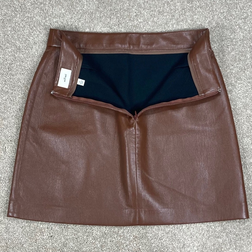Wilfred Aritzia Vegan Leather Mini Skirt Womens 4 Brown Front Slit Academia New - Picture 4 of 13